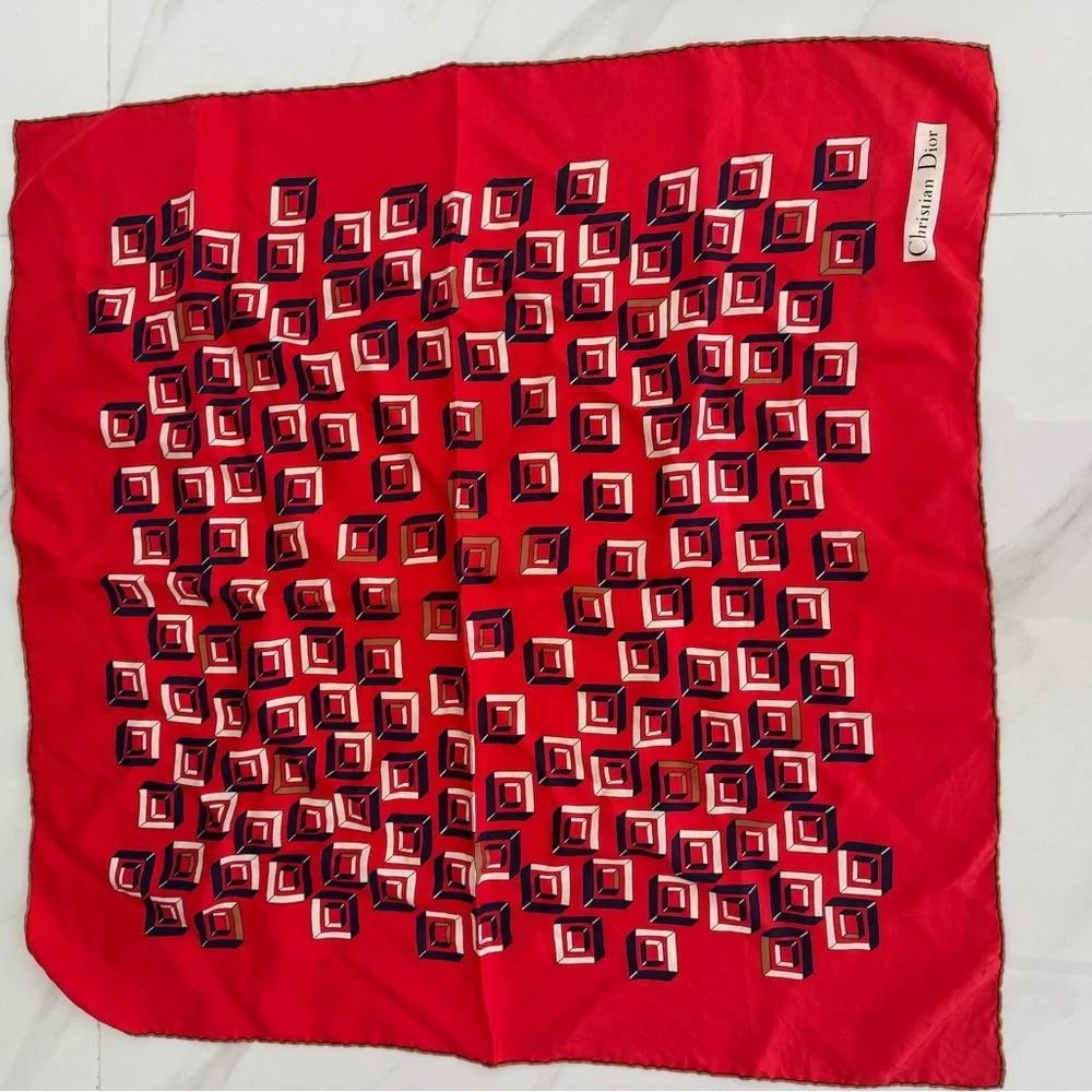 Dior Red and Navy Geometric Scarf